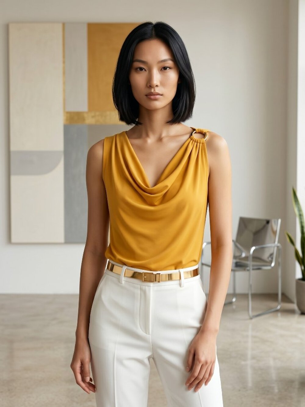 International Concepts Apricot Cowl Neck Hardware Detail Top